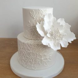 Piped Flower and Leaf White Wedding Cake